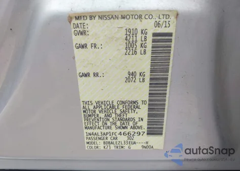 2015 Nissan Altima 2.5 S из США, поврежденный, VIN 1N4AL3AP1FC466297